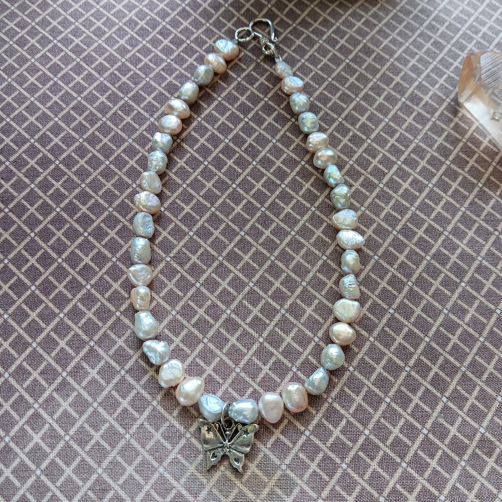 Real Pearl & Sterling Butterfly Doll Or Stuffed Animal, Necklace 12 inches Long.